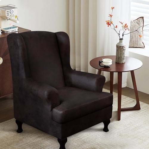 ANARACHON Leather Look Wingback Chair Covers, 2-Piece Wing Chair slipcover,Stretch Wing Back Armchair Slipcovers with Elastic Bottom, Soft Spandex Furniture Protector for Living Room (Chocolate) - color: Chocolate