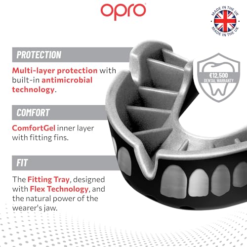 OPRO Silver Level Moldable Mouth Guard Essential Fit (Black/Silver Grillz) Adult & Kids Boxing Mouthguard for Impact Sport, Self-Fit Mouth Guard for Sports, MMA, Football, Hockey - Includes Case - color: Grillz - Black/Silver, size: Adult (Age 10+)
