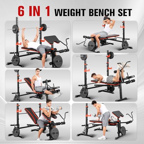 Foldable 1500LBS 8 IN 1 Olympic Weight Bench Set with Squat Rack, Leg Extension/Curl & Preacher Curl, Adjustable Bench Press Set with Safety Bar Catches for Home Gym Full Body Workout - color: magenta