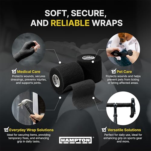 Hampton Adams | As Seen on Shark Tank | Self Adhesive Bandage Wrap (14-Pack) | 15ft | Pet Safe | Breathable Athletic Elastic Cohesive Bandage for Sports Injury Ankle Knee Wrist sprains (Black) - color: Black