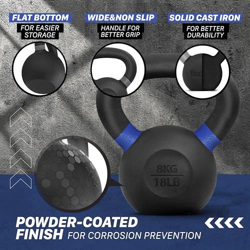 Yes4All Powder Coated Kettlebell, Cast Iron Core Kettlebells with Non-Slip Handle & Flat Bottom for Conditioning, Heavy Duty for Strength Training, 9lb to 71lb - Single & Pair - color: Dark Blue, style: A. Single