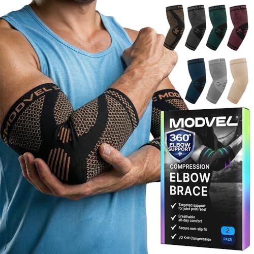 Modvel 2 Pack Elbow Brace - Golfer's Elbow Compression Sleeve Support for Joint Pain Relief, Recovery, Tendonitis Braces, Tennis Elbows Brace For Men & Women, Workout & Weightlifting Arm Wrap - color: Copper, size: Large