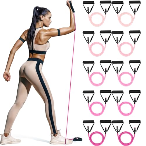 Shappy 10 Pcs Resistance Bands with Handles Exercise Stretch Bands for Exercise Woman Man Training Physical Therapy Workouts Fitness - color: Pink