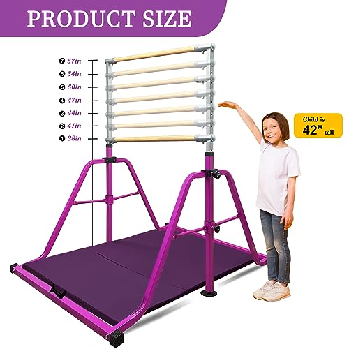 Foldable & Moveable Gymnastics Horizontal Bar with Rings,3’to 5’Adjustable Height Expandable Junior Kip Bar for Home,Indoor Gym Equipment for Kids - style: MAT-Purple with Rings