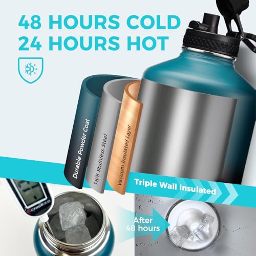 1 Gallon Insulated Water Bottle with Straw - 128oz 64oz Water Jug with Handle Paracord, Straw Spout Lids, Bottle Carrier, Triple Walled Stainless Steel Hydro Bottle, Metal Gallon Water Bottle Large - color: Magic Black, size: 128 Ounces