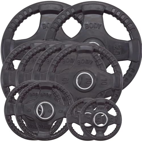 Body-Solid Quad Grip Design Rubber Plate - Olympic Weight Plates, Set with Rubber Coating, Dumbbell & Bumper Weights for Barbell (105 lbs.)