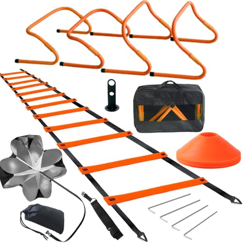 TOCO FREIDO Speed&Agility Training Set – 20ft Agility Ladder Set with 12 Rungs, 4 Adjustable Training Hurdle, 12 Disc Cones, 2 Resistance Bands, 1 Running Parachute and Footwork Drills Equipment - color: Dark orange