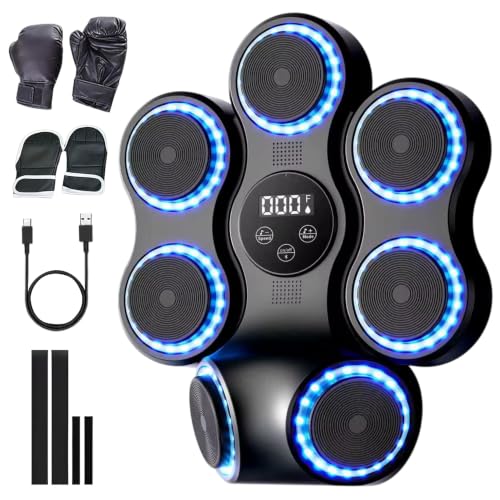 Music Boxing Machine with Gloves, Wall Mounted Punching Trainer with LED Light Up Targets, Bluetooth Rhythm Reaction Training Pad, 11 Modes & 9 Speeds for Adults & Kids Home Fitness & Stress Relief
