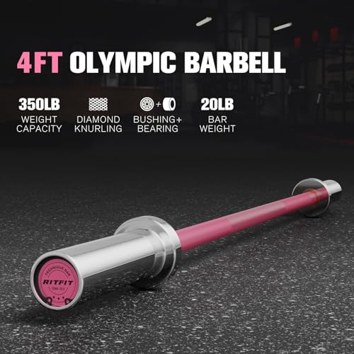 RITFIT Olympic Barbell 4ft/6ft - 2 Inch Weight Bar for Strength Training, Weightlifting, Squat, Deadlift, Bench Press, Curl, Overhead Press - 350lbs/500lbs Capacity - color: Pink, size: 4FT with Collar