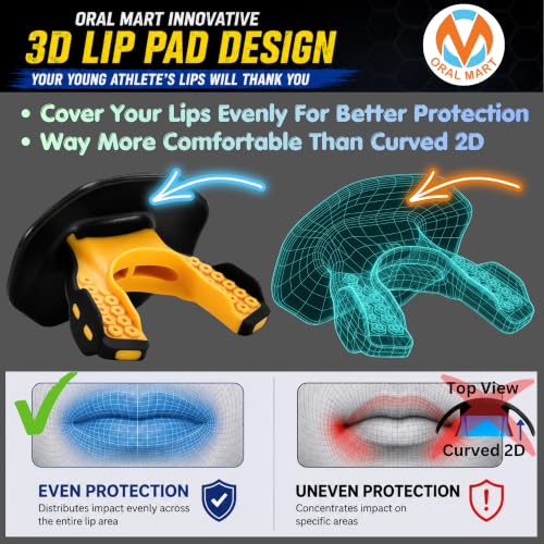 Oral Mart Flag Football Mouth Guard with 3D LipFit Design for Kids - Youth Football Mouthguard (No Boil) Cool Instant Fit Lip Guard Mouthpiece for Braces (Detachable Helmet Strap Included) - color: Tiger Bite