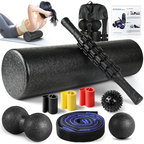 7 in1 Foam Roller Set for Deep Tissue Muscle Massager - High Density Back Roller, Muscle Roller Stick, Resistance Bands, Foot Massage Ball, Stretching Strap for Exercise, Whole Body Physical Therapy - color: Black