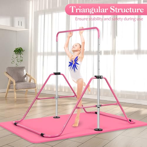 Expandable Gymnastics Bars with Ring, Adjustable Height Gymnastic Horizontal Bars, Gym Junior Training Bar Children Folding Training Monkey Bars for Kids - color: Mat+Pink