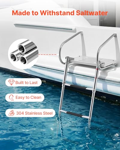 VEVOR Boat Ladder, 3 Steps Stainless Steel Telescoping Folding Swim Deck Ladder for Rear Entry Inboard, 400 lbs Capacity with Wide Non-Slip Steps & Handrails, for Outboards, Yacht, Pontoon Boats - size: 3 Steps