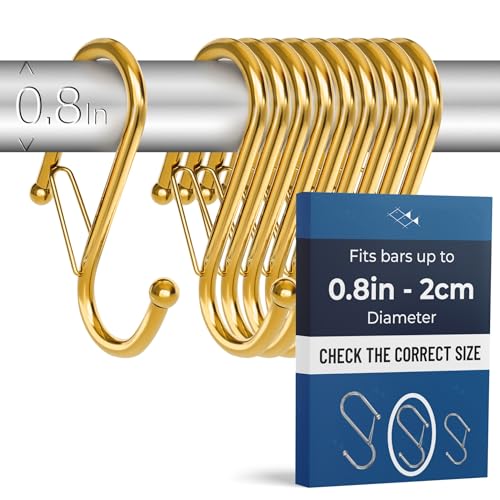 10-Pack Metal S Hooks for Hanging – Heavy-Duty S-Shaped Hooks with Safety Buckle – Fits Bars up to 0.8 in – Anti-Drop S-Hooks for Kitchen, Bathroom, Closet & Pot Racks – Gold (Medium) - color: Yellow Gold, size: Medium - 0.8In Diameter