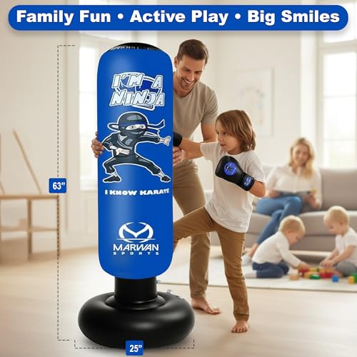 Marwan Sports Ninja Kids Punching Bag — Inflatable Sensory Toy & Birthday Gift for Boys & Girls Ages 4-12, 63" Freestanding 5-in-1 Kit, Indoor Apartment-Quiet Sensory-Friendly Active Play - color: Blue