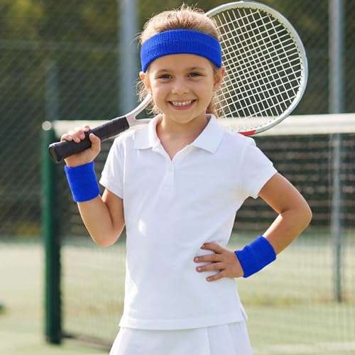 Sucrain 3 Pieces Sweatbands Set, 1 Pieces Sports Headband and 2 Pieces Wristbands,Wicking Sweat Head Band for Youth Womens Men - color: Blue