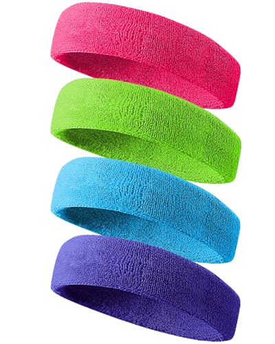 Tanluhu Sweatbands Sport Headbands for Men & Women,Terry Cloth Sweat Band for Tennis, Running, Basketball, Working Out, Exercise- Athletic Sweat Cotton Headband Outdoor - color: Purple/LTBlue/Hotpink/Green