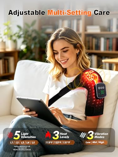 Red Light Therapy for Shoulder - 5000mAh Cordless Heating Pad with Massage, 228 Beads 660nm 850nm Infrared Wrap for Muscle Tension, Post-Workout Recovery, Gifts for Women Men, Fits Left & Right - color: Dark Grey