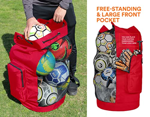 Fitdom Heavy Duty XL Soccer Mesh Equipment Ball Bag w/Adjustable Shoulder Strap Design for Coach. with an Over-Sized Front Pocket for Sporting Accessories. Best for All Outdoor & Water Gears - color: Red / Black