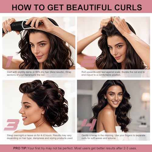Heatless Curls Overnight Hair Care Set - Jumbo Velvet Hair Curlers | No Heat Hair Rollers for Women, Comfortable Sleep-In Hair Rollers with Satin Scarf, No Heat Damage Curling Rods for All Hair - color: RoseRed-8PCS