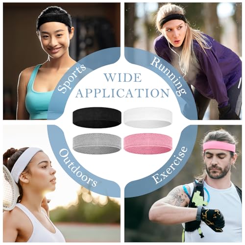 4 Pack Cotton Terry Sweat Headbands for Men Women Running Gym | 4 pack soft cotton terry headbands, Stretch 7 to 15 inches, Sweat-wicking, stays put for running, tennis, basketball & yoga - color: Black/Gray/Pink/White