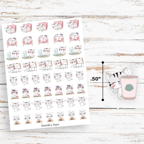 Cute cat chore stickers icons, waterproof, removable, workout coffee errands planner journal calander, 104 stickers, Stay Happy, Planner (Matte Vinyl, 6 Sheets)