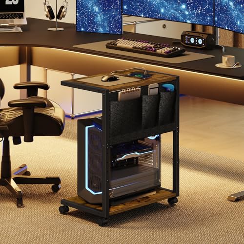 YATINEY PC Stand, Computer Tower Stand with Charging Station, Height Adjustable PC Tower Stand for Floor, 2 Tier Computer Cart On Wheels, 23.1"-29"H,19.7"L x 11"W, for Home Office, Rustic Brown CJ60BR - color: Rustic Brown + Black