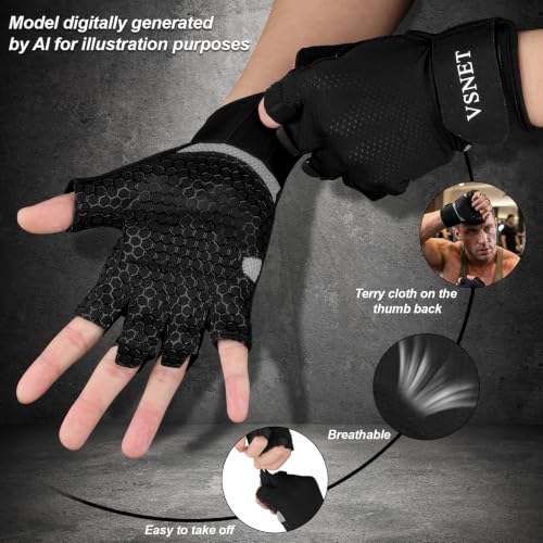 Half-Finger Sports Gloves, Black. Made of Neoprene Material, Feature Honeycomb Silicone Non-Slip Design on the Palm with Wrist Support. Suitable for Gym Training, Cycling and Weightlifting - size: Small
