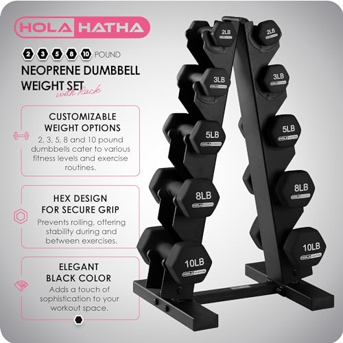 HolaHatha 1, 2 and 3 lb Neoprene Dumbbell Strength Training Weight Set with Rack - color: Black, size: 56 LB
