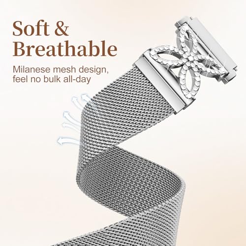 Getino Magnetic Metal Band Compatible with Galaxy Watch 7 Band 6 5 4 FE Active 2 40mm 44mm/Galaxy Watch 5 pro 45mm/Classic, 20mm Floral Dressy Strap for Samsung Watch Bands Women Milanese Mesh Loop - color: Bling Silver