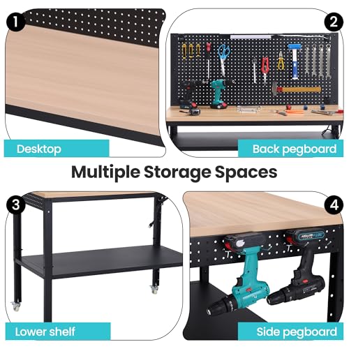 Antifir 48" Adjustable Height Workbench for Garage Work Table with Under Table Shelf & Pegboard, Max Load 2000 LBS Heavy Duty Wood Work Bench with Power Outlet for Commercial, Workshop, Office, Home - size: 48x24" Double Decked