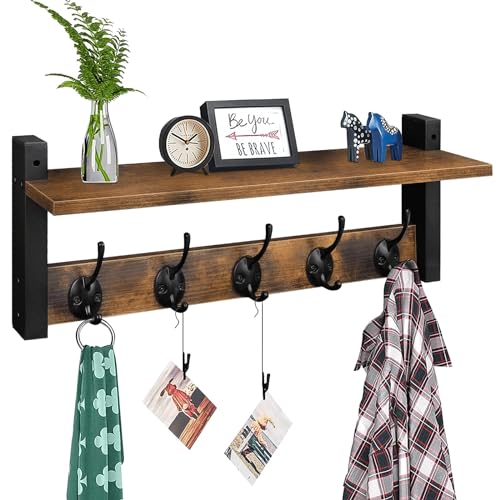 Homode Wall Hooks with Shelf, Wood Coat Rack with Shelf Wall-Mounted, Entryway Hanging Shelves with 5 Metal Hooks for Clothes Hats Towel Purse Robes, Bathroom Mudroom Bedroom, Rustic Brown Black - color: Rustic Brown, size: 17.1 Inch Long