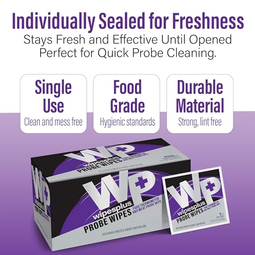 WIPESPLUS Thermometer Probe Wipes – 70% Isopropyl Alcohol Wipes Individually Wrapped for Home Kitchen and Restaurants – 100 Count Box (10 Packs) - size: 100 Count (Pack of 10)