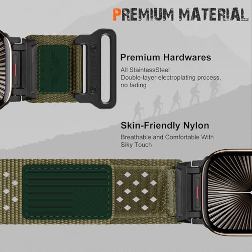 Rugged Nylon Band for Apple Watch Ultra 3/2/1 Series 11 10 9 8 7 6 5 4 SE/3/2/1 for Men,Breathable Stars-Stripes Flag Wristband Workout Athletic Strap for iWatch Ultra Bands 49mm 46mm 45mm 44mm 42mm - color: 08-Green-Leather Flag-Metal adapter, size: 49/4