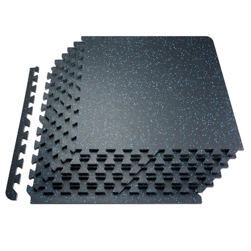 VEVOR 0.56Inch 24sq.ft 6 Tiles Gym Flooring for Home Gym, Rubber Top with High Density EVA Foam, 25 x 25In Gym Floor Exercise Equipment Mats, Interlocking Gym Mats, Puzzle Workout Mats, Black & Blue | Rubber Top with High Density EVA Foam, 25 x 25in Floor