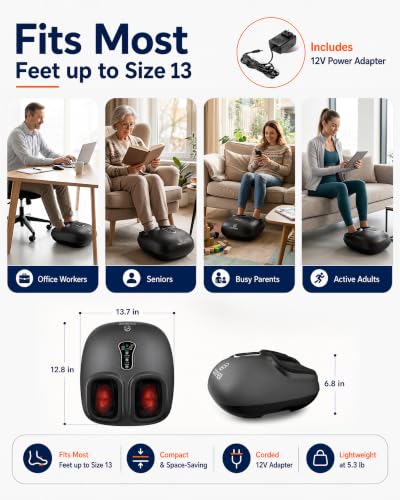 Shiatsu Foot Massager with Heat, Compression, Vibration Remote Control | 2026 Upgraded Biger Size 13, for Neuropathy, Plantar Fasciitis Relief, 5 Compression Levels, 3 Kneading Speeds, 2 Heat Levels - color: Matte-black