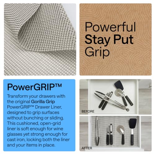 GORILLA GRIP powerGRIP Drawer Shelf and Cabinet Liner, Thick Strong Hold, Non-Adhesive Liners Protect Kitchen Cabinets and Cupboard, Bathroom Drawers, Easy Install, Breathable Mat, 12" x10' Light Gray - color: Light Gray, size: 12" X 10', style: 12" x 10'