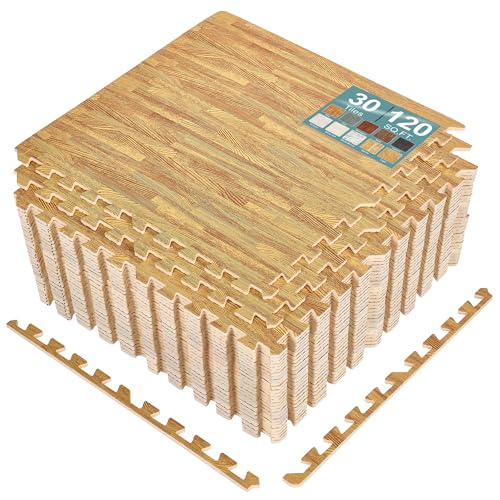 Sorbus 120 Sq. Ft. Wood Grain Floor Tiles Foam Mat EVA Interlocking Mats Tile 3/8-Inch Thick Flooring Wood Puzzle Exercise Mats w/Borders - Home Playroom Basement, Apartment, Trade Show, Baby, Dance - color: Wood Grain - Light, size: 30 Pack