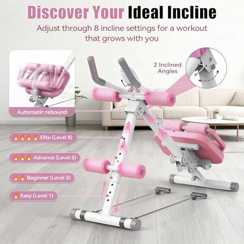EPHESPORT Multifunctional Ab Machine, Crunch & Sit-Up Core Trainer, Adjustable Ab Trainer with Knee & Back Support, Foldable, Full Body Workout Equipment for Home Gym - color: Pink