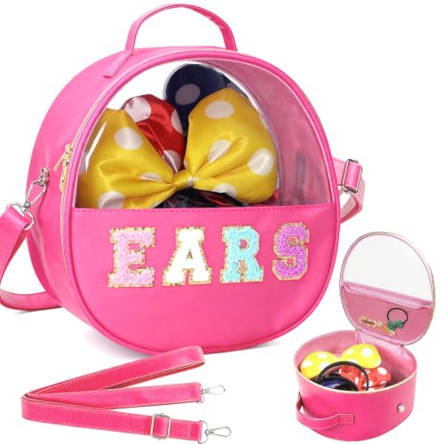 Translucent Mouse Ears Travel Case, Chenille Letter Headband Ears Holder Waterproof Hair Accessories Organizer Storage for Women Adults Gift Large Thicken Makeup Snack Bag for Park Travel - color: Rose Red