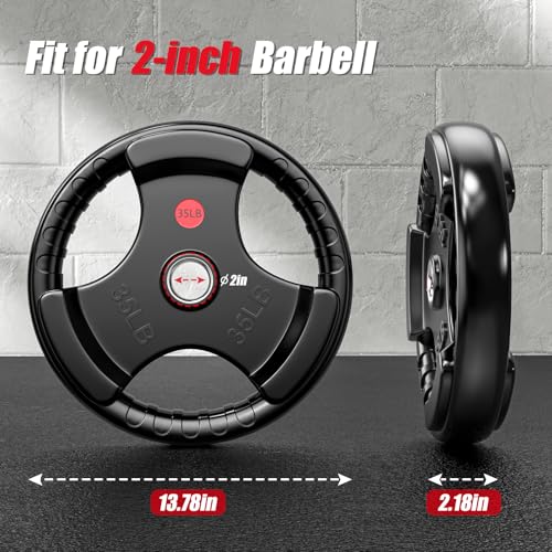 Gikpal Olympic Weight Plates, 2-Inch Three-Grip Rubber Coated Barbell Plates with Steel Hub, Cast Iron Weights for Strength Training & Home Gym, Pair or Sets (2.5–45LB) - style: 2 X 35LBS