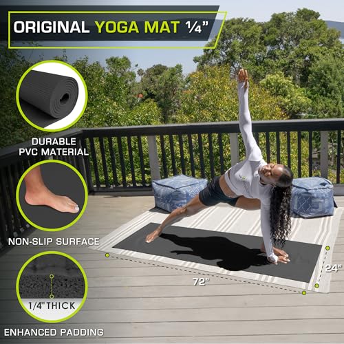 ProsourceFit Original Yoga Exercise Mat 1/4” (6mm) Thick for Comfort and Stability with Carrying Straps, Non Slip –Multiple Colors - color: Black