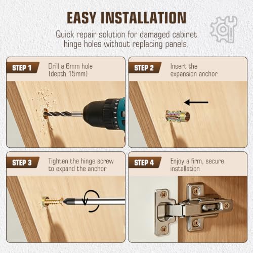 50Pcs 6×14mm Short Expansion Screw Set for Cabinet Hinge Repair, Hinge Repair Screws and Expansion Anchors