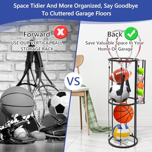 Garage Ball Storage Rack, Wall Mounted with Side Ball Basket, Black | Side Small Ball Basket, Vertical Sports Equipment Organizer for Basketball, Soccer, Football, Volleyball,Garage Gym Game Room