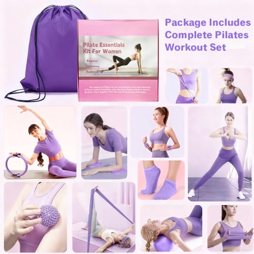 Pilates Equipment Set for Home Workouts –15in1 Home Pilates Kit with Ring and Ball Set, Resistance Bands, Pilates Yoga,Core Sliders & Ankle Weights, Pilates Essentials Kit - color: Purple