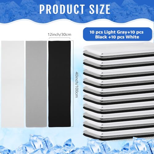 Hosuly 30 Pack Cooling Towels, 40"x12" Ice Breathable Soft Chilly Sweat Rag Microfiber Workout Rags for Gym Cooling Towels for Neck and Face for Yoga Golf Sport Running - color: Black, White, Light Gray