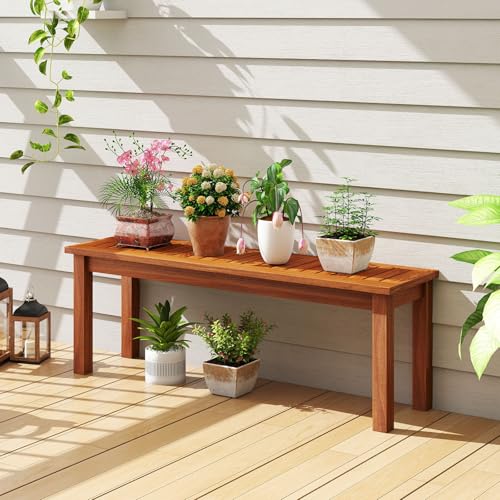 Tangkula Outdoor Wood Bench, 2-Person Backless Patio Garden Bench with Slatted Seat, Front Porch Dining Seating Furniture for Deck, Yard and Park (1) - size: 45"