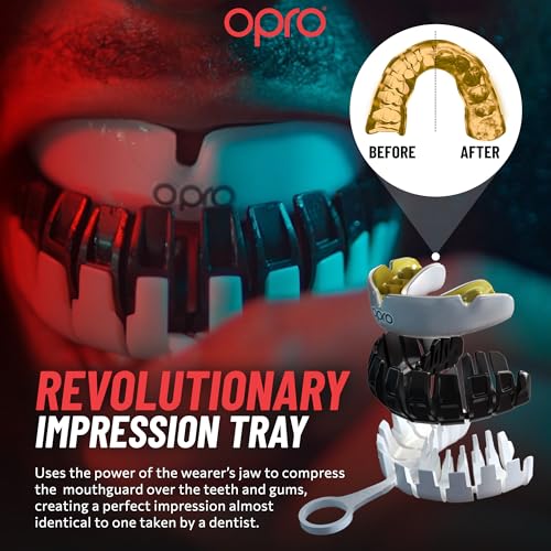 OPRO Instant Custom-Fit Mouth Guard, Dentist-Level Comfort, Protection & Fit - Moldable Mouthguard for Football, Boxing, Rugby, MMA, BJJ, UFC Mouth Piece- Includes Mouth Guard Case (UFC White, Adult) - color: Ufc Strike - Gold/White
