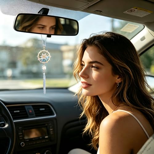 Nautical Ship Wheel Snowflake Crystal Car Charm, 24K Gold Plated Rearview Mirror Hanging Ornament with AB Crystal Tassel, Luxury Winter Car Interior Gift for Women (Ferris Wheel 3)