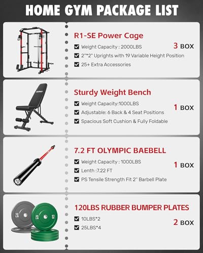 RH01 Power Cage Rack, 2000LBS Squat Rack with with Cable Crossover System&LAT Pull Down System, Multi-Function Workout Cage for Home&Garage Gym - color: Red-SE, size: RH01 Power Cage with 120LB C Weights
